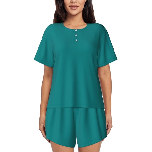 Fotbe Teal Conjunto de Pijama Estampado para Mujer, 2 Piezas, Ropa de Dormir con Camiseta de Manga Corta y Shorts Suaves-Medium