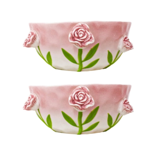 Juego 2 Bowl Galerias El Triunfo Porcelana Blanca Diseño Flores Rosas 19cm