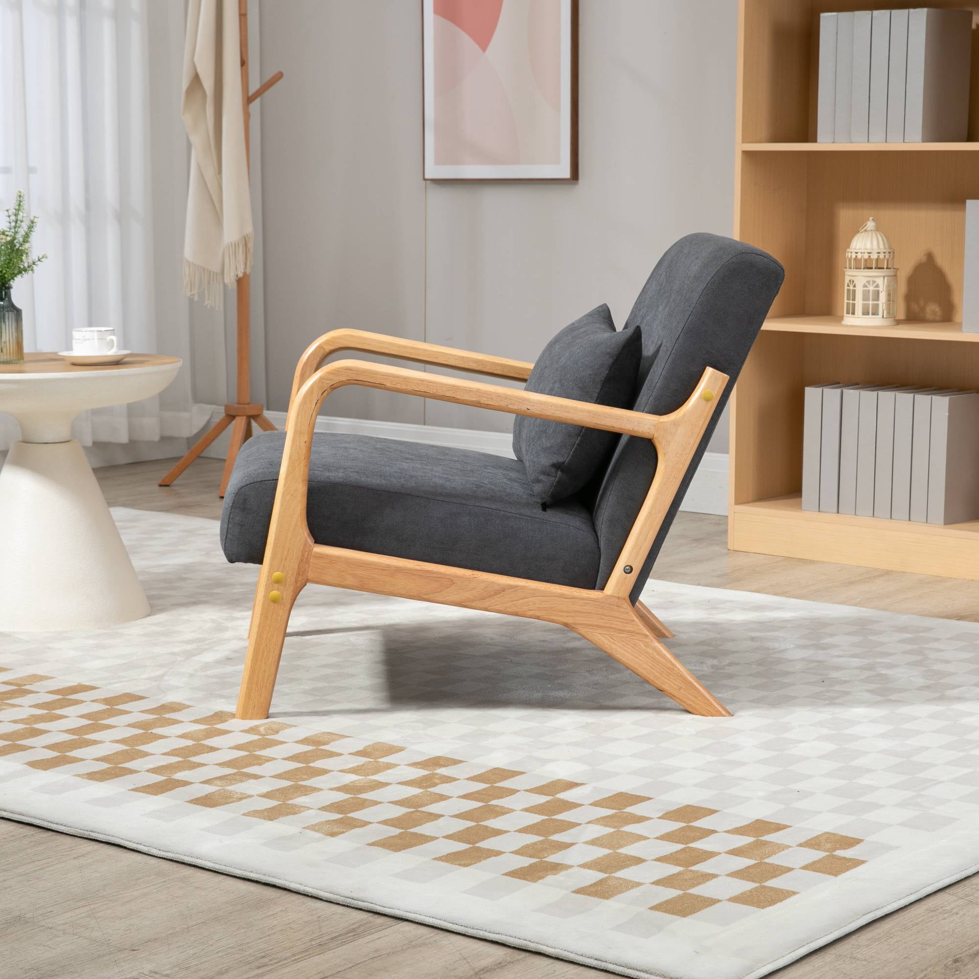 Mid-Century Modern Accent Chair with Pillow Velvet Lounge Arm Chair Comfy Reading Chair with Solid Wood Frame for Living Room, Bedroom, Dark Grey