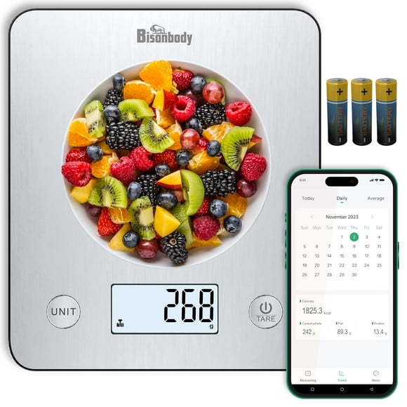 Bisonbody Digital Food Kitchen Scale with Smart App – Large Kitchen Scale with 201 Stainless Steel Surface 5 Unit Conversions – Digital Kitchen Scale App to Track Nutritional Information