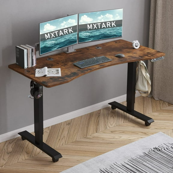 MXtark Electric Height Adjustable Standing Desk, Height Adjustable Ergonomic Desk,Splice Board Desk, Stand up Desk Workstation,Computer Table 55" Rustic Brown Top Black Frame