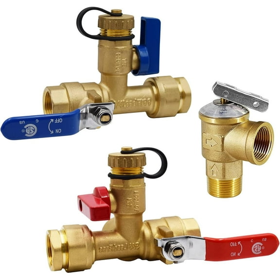 KYascend 3/4-Inch IPS Isolator Tankless Water Heater Service Valve Kit, with Pressure Relief Valve, CSA Listed,  Clean Brass & NPT Thread