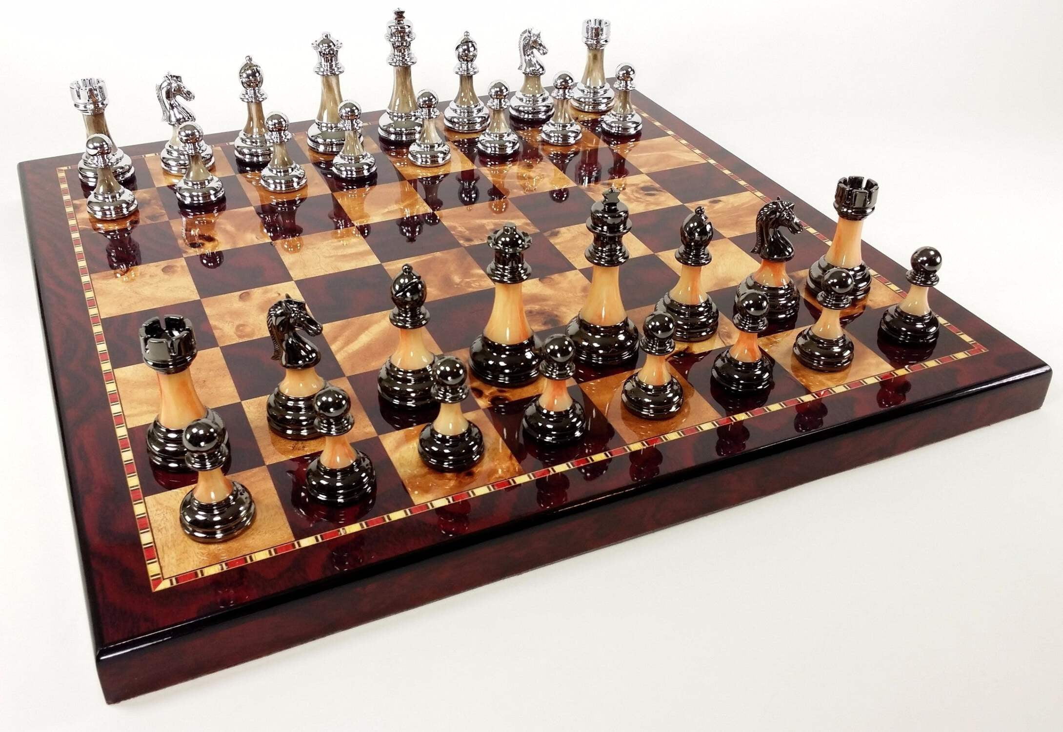Staunton Chrome  Black Pro Plastic Chess Men Set W 18" Gloss Cherry Color Board