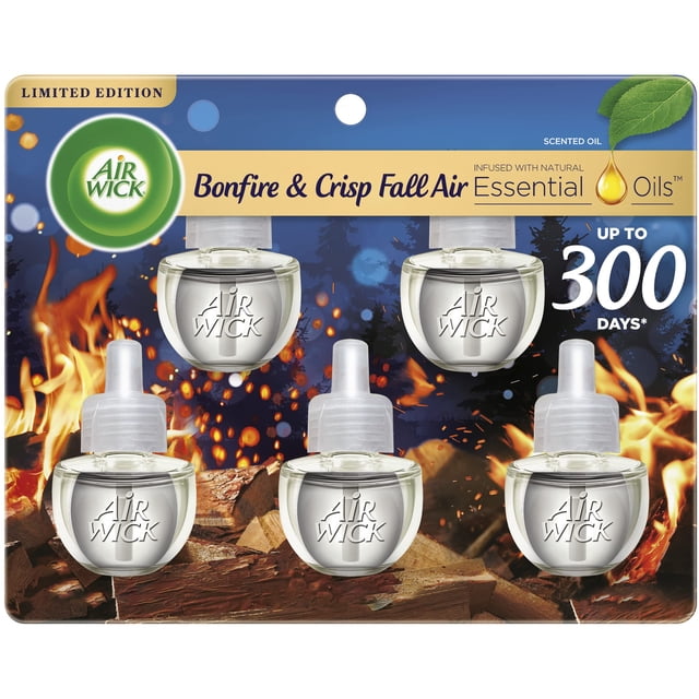 Air Wick Plug in Scented Oil 5 Refills, Bonfire and Crisp Fall Air, Essential Oils, Air Freshener