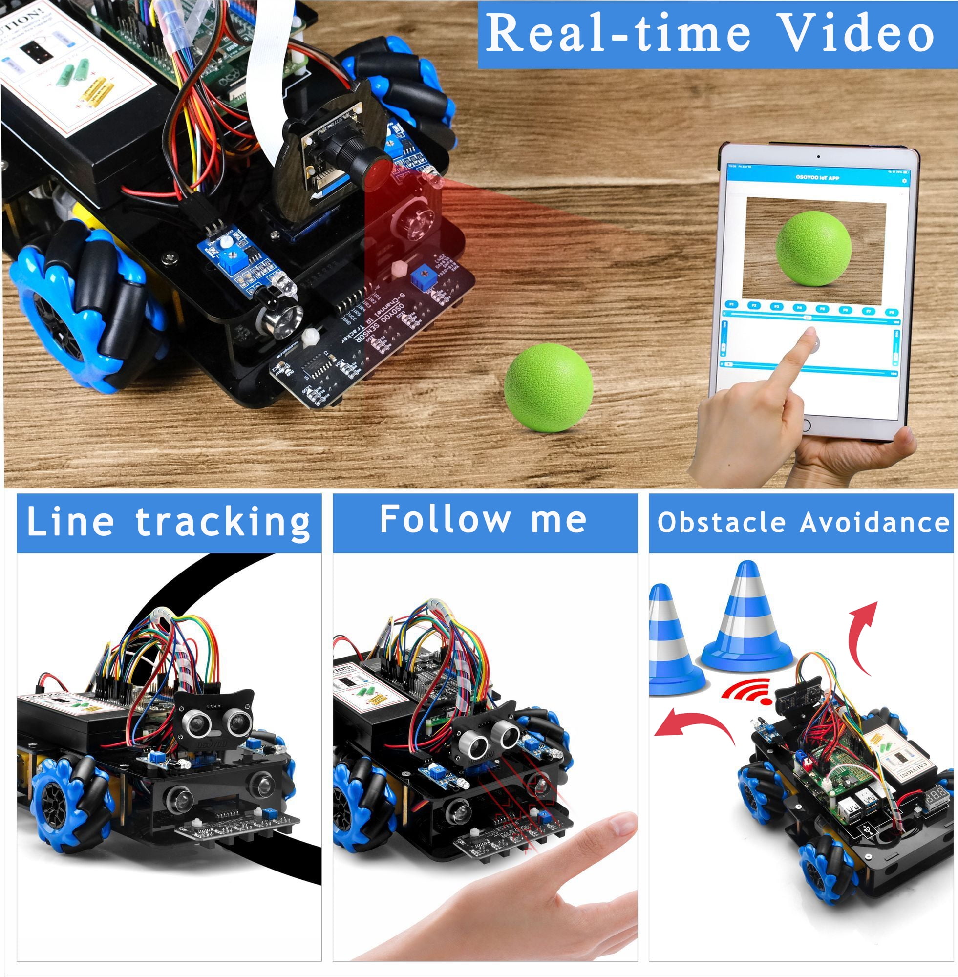 OSOYOO Mecanum Wheel Robot Car Kit for Raspberry Pi - Omni-directional STEM Learning & Programming Kit with Video Control, Line Tracking, Obstacle Avoidance
