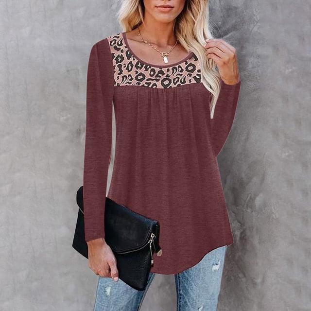 Hauts pour Femmes Mode Décontractée Ample Imprimé Leapard Irrégulier Col Rond T-Shirts Hauts d'Été Mignons pour Femmes en Solde