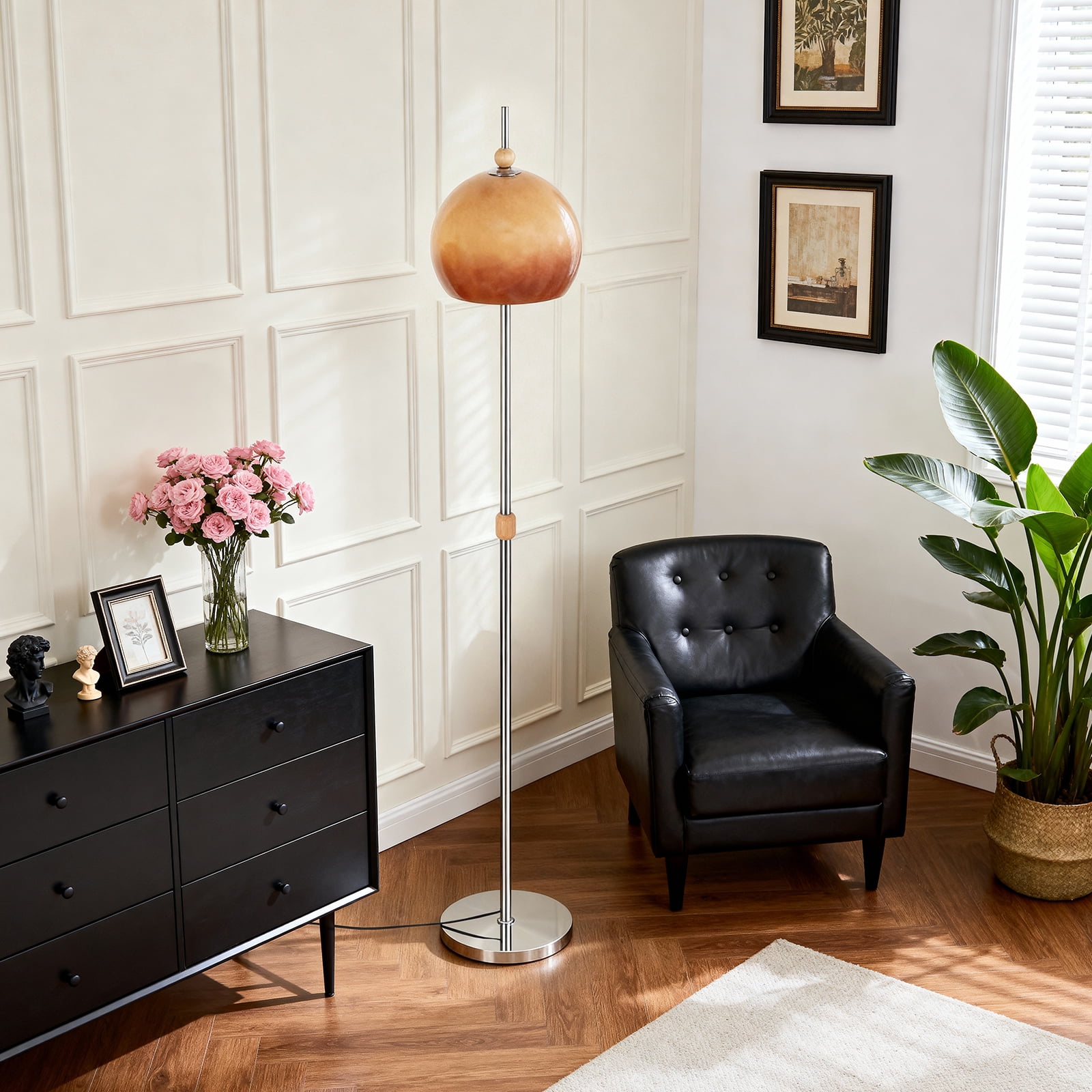 SUNMORY Glass Floor Lamps for Living Room, Modern Floor Lamps with Glass Shade & Silver Base, Mid Century Tall Standing Lamps for Bedroom, Office, Dining Room, Reading Nook, Elegant Ambient Lighting