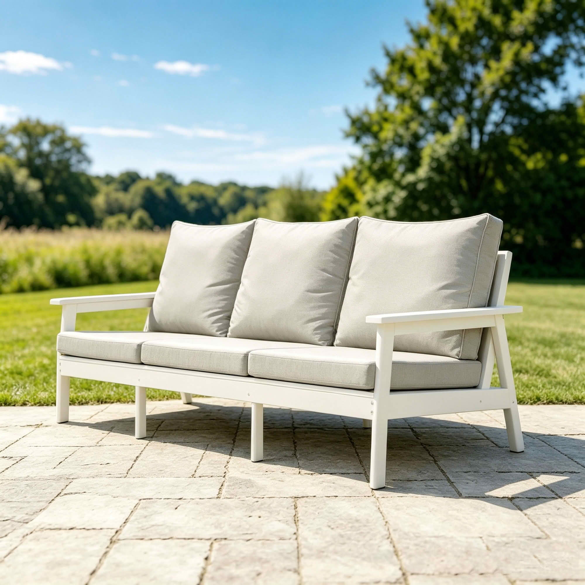MAYEERTY Wood Grain HIPS 3-Seater Outdoor Patio Sofa, All Weather Garden Couch with Soft Cushions for Backyard Pool Terrace