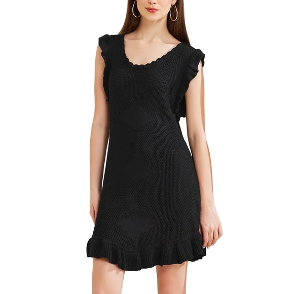Vestidos de punto midi con volantes de cuello redondo casuales para mujer INSPIRE CHIC XL Negro