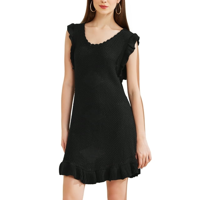 Vestidos de punto midi con volantes de cuello redondo casuales para mujer INSPIRE CHIC XL Negro