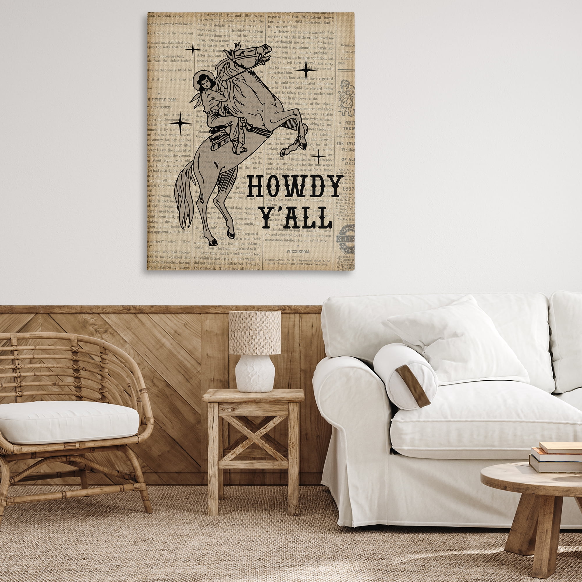 Stupell Industries Howdy Y'all Vintage Newspaper Animals Painting Wrapped Canvas Art Print Wall Art, 36 x 48