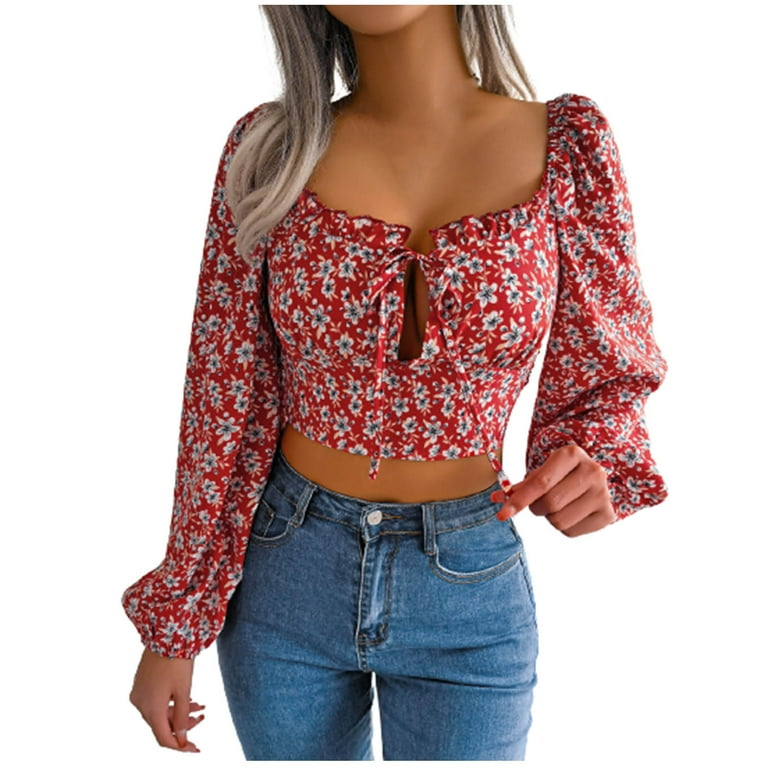 RYRJJ Reduce Price Women\'s Floral Print Off Shoulder Crop Tops Puff Long  Sleeve Self Tie Front Ruffle Deep V-Neck Cropped Blouse Shirt(Red,S)