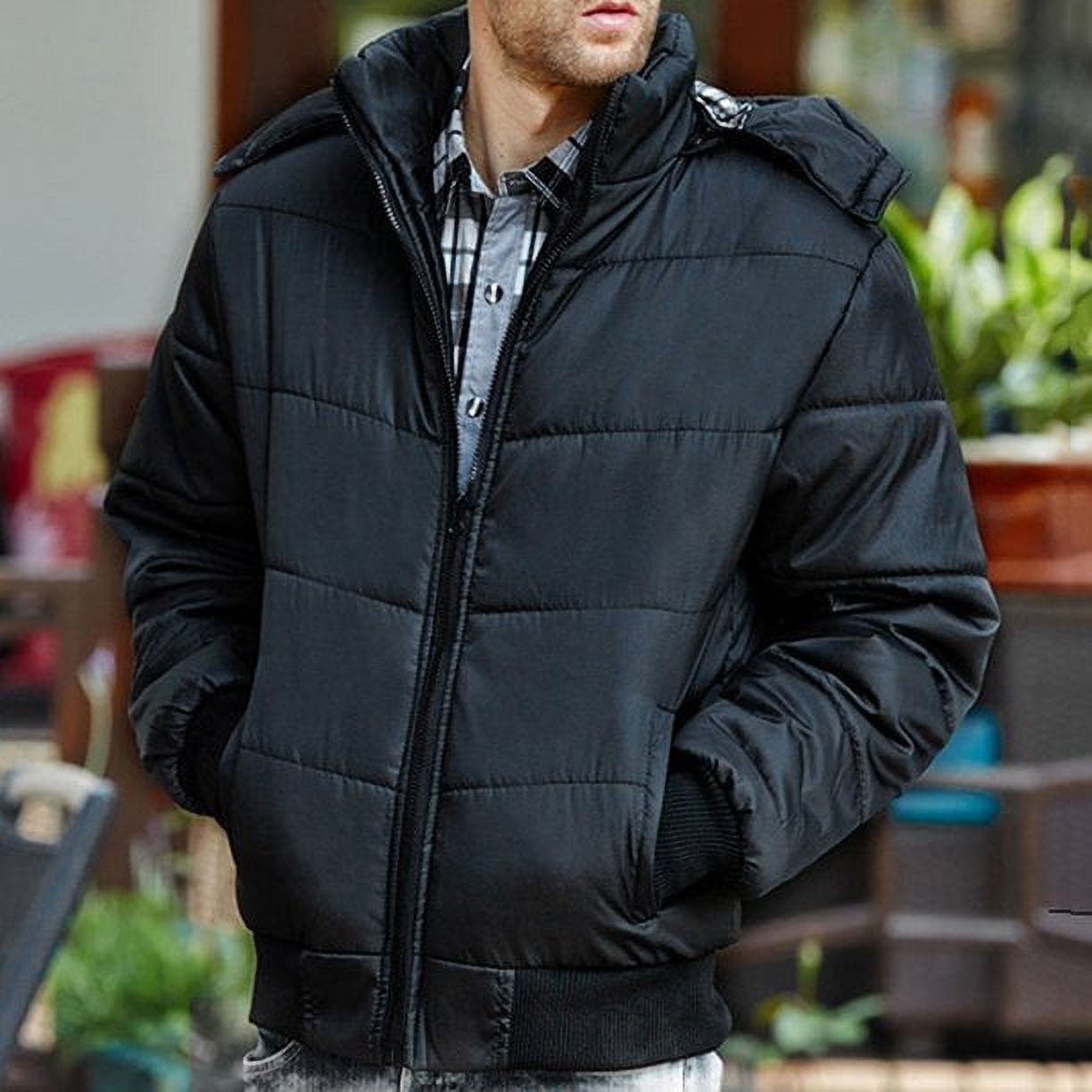Mens Coats Winter - Black Puffer Men Jacket Warm Overcoat Outwear Padded Hooded Down Parkas L