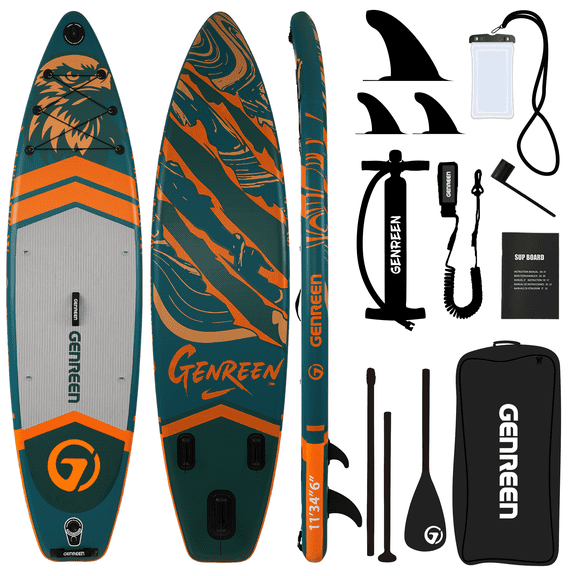 Genreen 11ft Inflatable Stand up Paddle Board (SUP), All-Around Fishing Paddle Board Full Kit for Youth & Adults