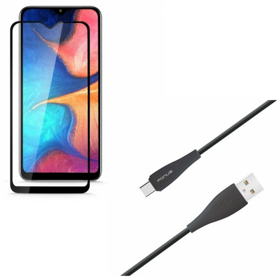 Galaxy A50/A20 Type-C 6ft USB Cable w Anti-Glare Screen Protector - Charger Cord Power Wire, Tempered Glass Matte Anti-Fingerprint for Samsung Galaxy A50/A20