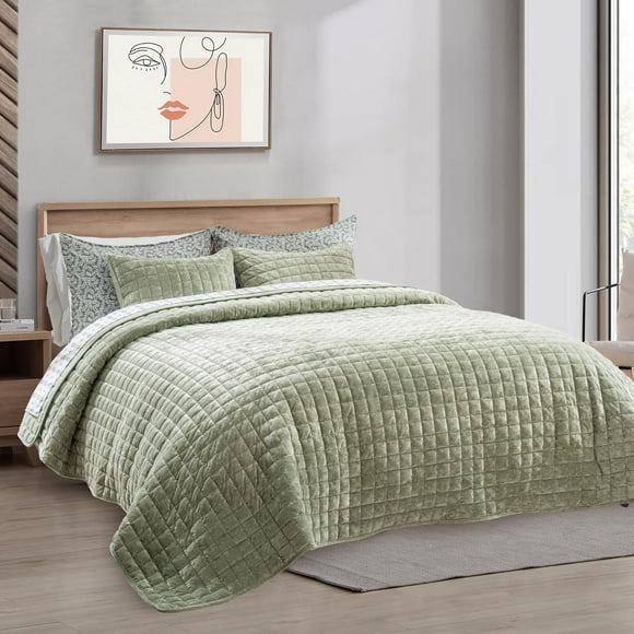 Juego de colcha RECYCO Luxury Velvet Full Queen con 2 fundas de color verde salvia