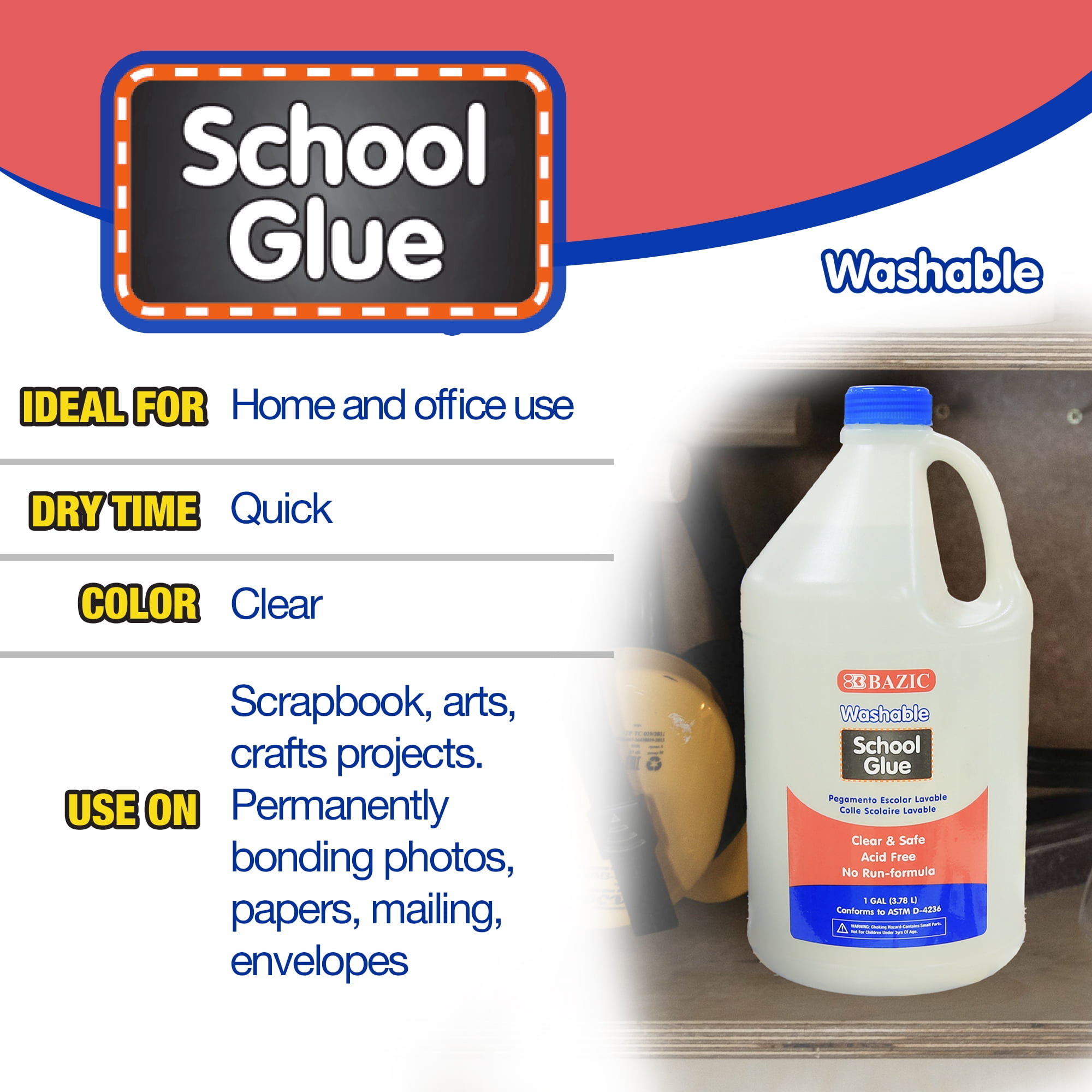 BAZIC Washable Clear School Glue 1 Gallon, Liquid Glues Making Slime, 1-Pack
