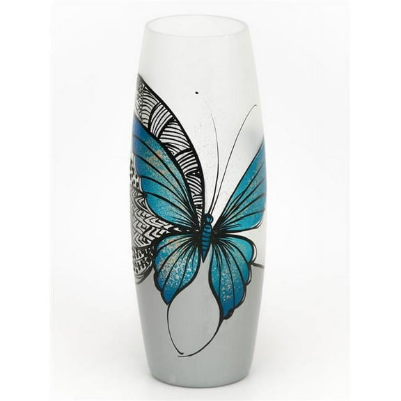 B2 Studio 7124-400-sh227 16 in. Blue Butterfly Hand Painted Large Glass Floor Vase for Flowers