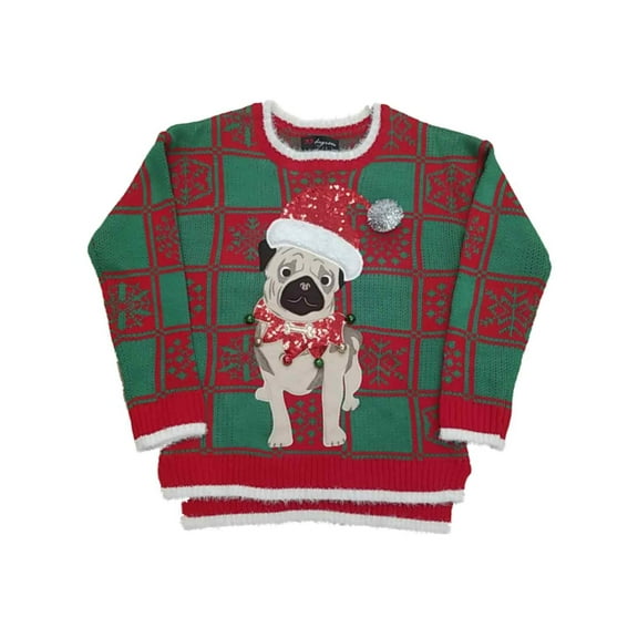 Womens Red & Green Pug Dog Puppy Bells Sequins Long Sleeve Knit Sweater M