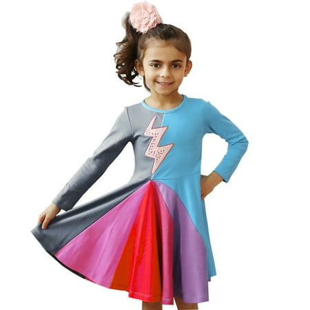 

Toddler Girls Winter Long Sleeve Leisure Dress Princess Dress Rainbow Printed Outwear