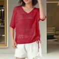 thumbnail image 6 of Cxenplz Summer Crochet Tops for Women 2025 Short Sleeve V Neck Hollow Out Knit Beach Cover Up Casual Sweater Tops, 6 of 6