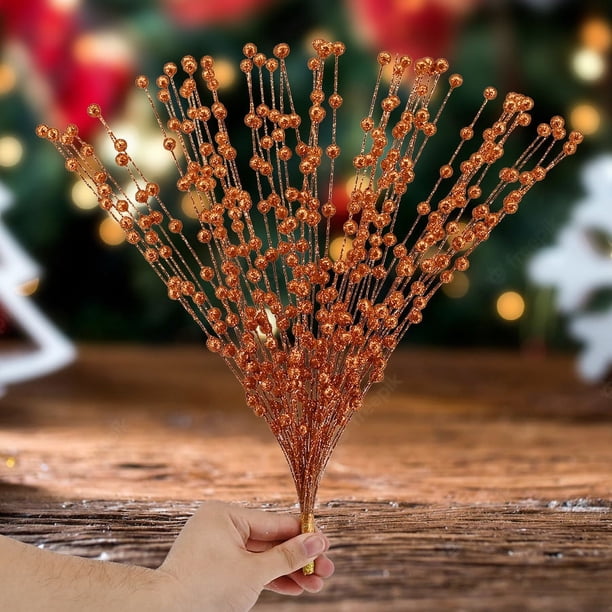 Xiao Hua Paquete de 3 tallos de bayas artificiales con purpurina naranja de 15,7 pulgadas, palitos decorativos de purpurina falsa para árbol de Navidad.