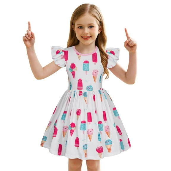 Hiijoy Baby Girls Flutter Sleeve Casual Dress Ice-Cream Print Summer Midi Dress