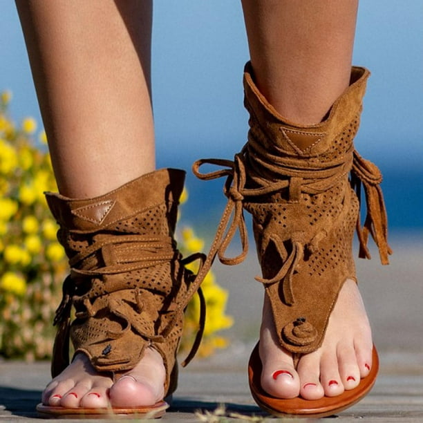 Generalmente hablando región Posicionar WHLBF Women's Summer Sandals Retro Flip Flops Bohemian Tassel Sandals Roman  Beach Shoes Boots Brown 8.5(41) - Walmart.com