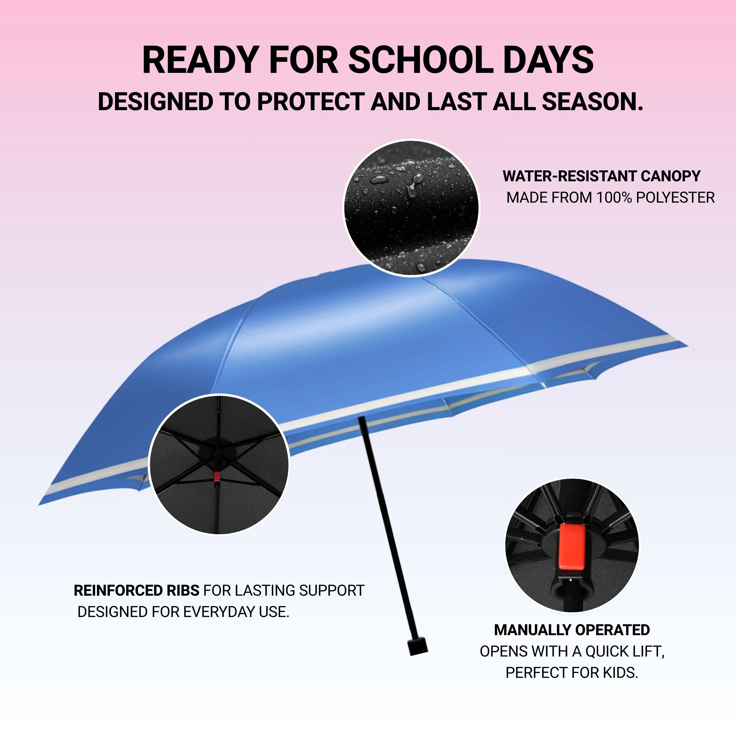Knirps Surf Rookie Manual Rain Umbrella for Elementary and Middle School Kids – 35.4" Canopy with Reflective Safety Stripe, Lightweight Design, Wind Tunnel Tested, Carrying Case Included