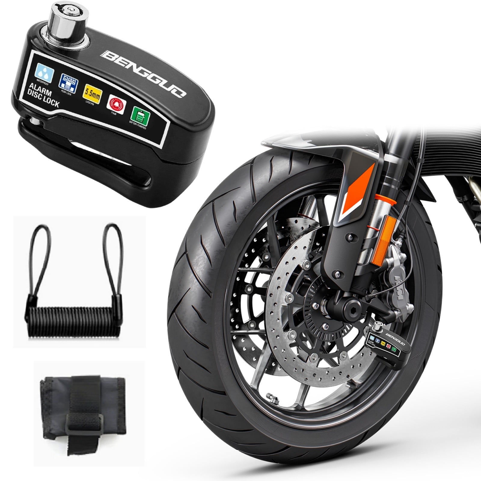 Alarm Disc Lock Motorcycle Disc Brake Lock with 110dB Alarm, Rechargeable Waterproof Motorcycle Locks Anti Theft 5.5mm Pin 4Ft Reminder Cable for Motorcycles Bike Scooter Carry Pouch,Lock