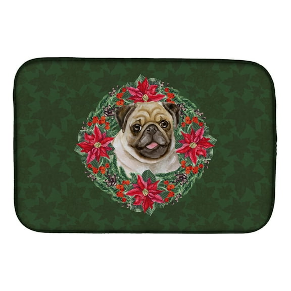 Fawn Pug Poinsetta Wreath Dish Drying Mat