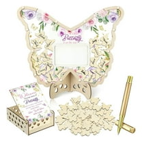 Butterfly Themed Wooden Guestbook Set With Photo Frame Display Stand, Wooden Storage Box, 60 Wooden Slices And Gold Pen, Capture Special Moments Re Happy Memories, Ideal For