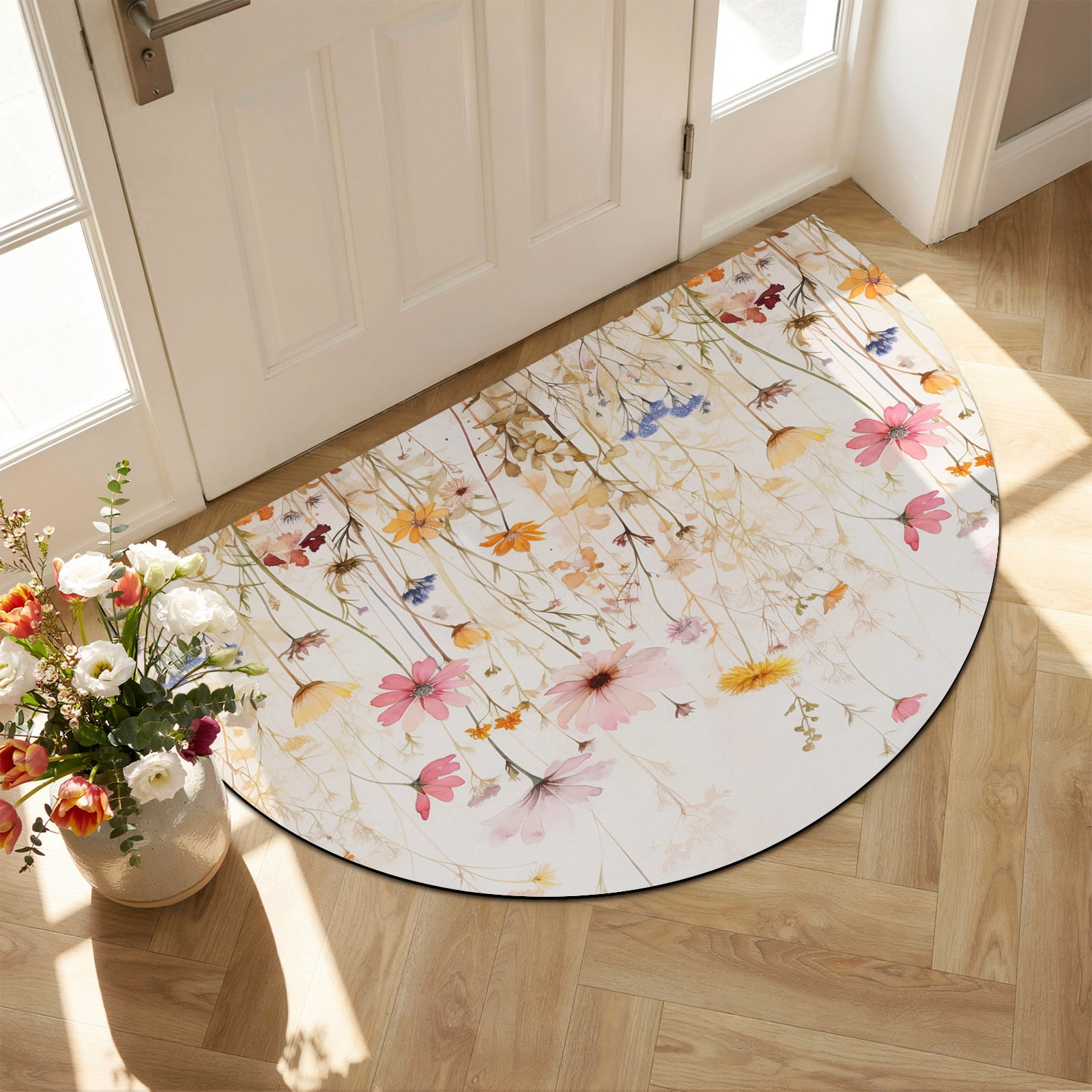 Indoor Doormat Front Door Mat 20 x31.5 Spring Floral Absorbent & Non-Slip Half Circle Doormat Indoor Entrance Low-Profile Welcome Mat for Entryway Patio Pastoral Botanical Summer Flowers Vintage