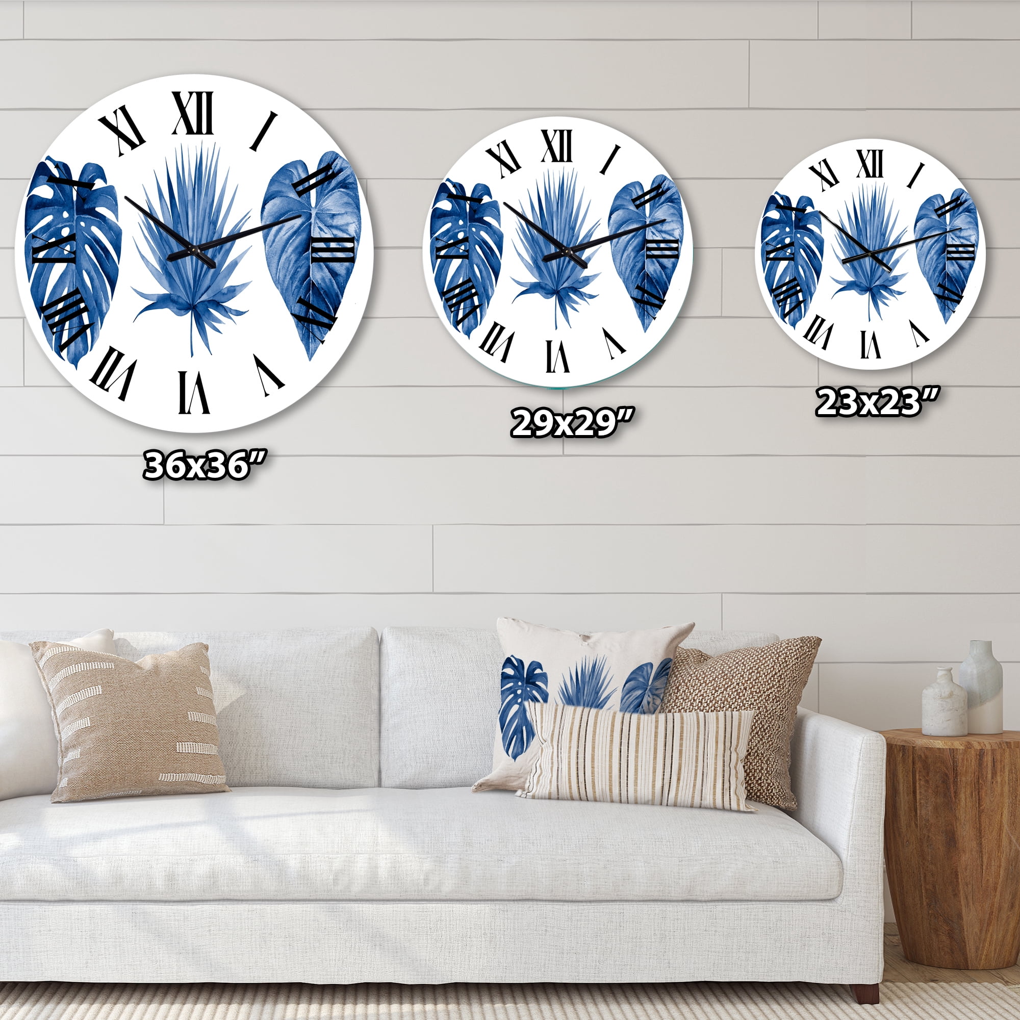 Designart 'Classic Blue Tropical Leaves' Tropical Wall Clock