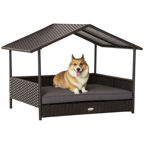 Grey Rattan Pet House with Cushion - Outdoor/Indoor Dog Bed - Weather-Resistant Elevated Cot for Small/Medium Dogs - Garden, Patio, Living Room Use