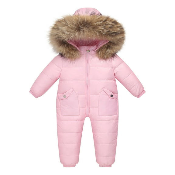 AINIYS Kids Padded Snowsuit with Faux Fur Hooded Neckline, Zip Closure, Warm Design Children's Clothing for Winter & Outdoor Wear Pink 1 Years