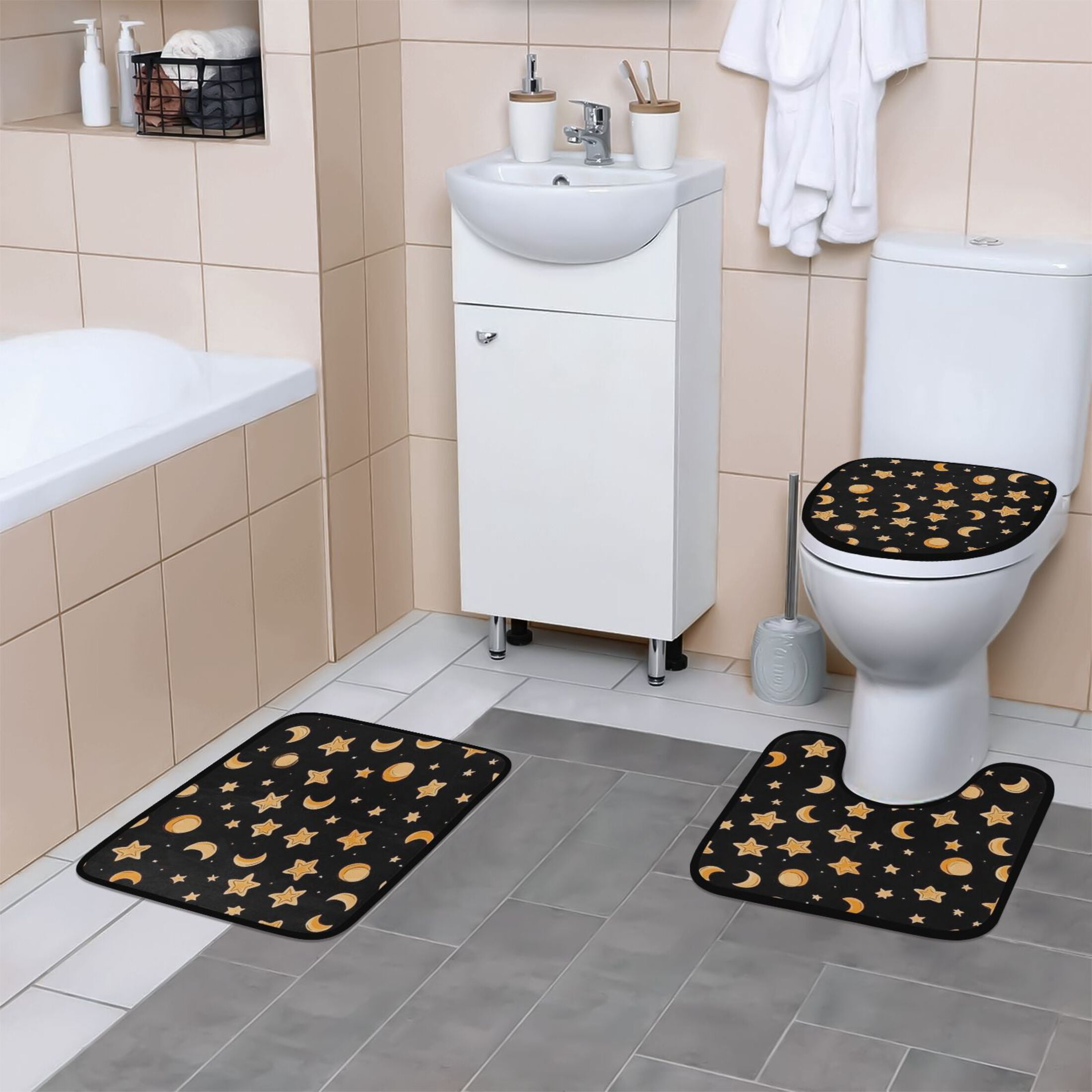 Sun Moon and Stars Bathroom Accessory Curtain Sets Bath Curtain Anti-Slip Mats and Toilet Pad 66x72in
