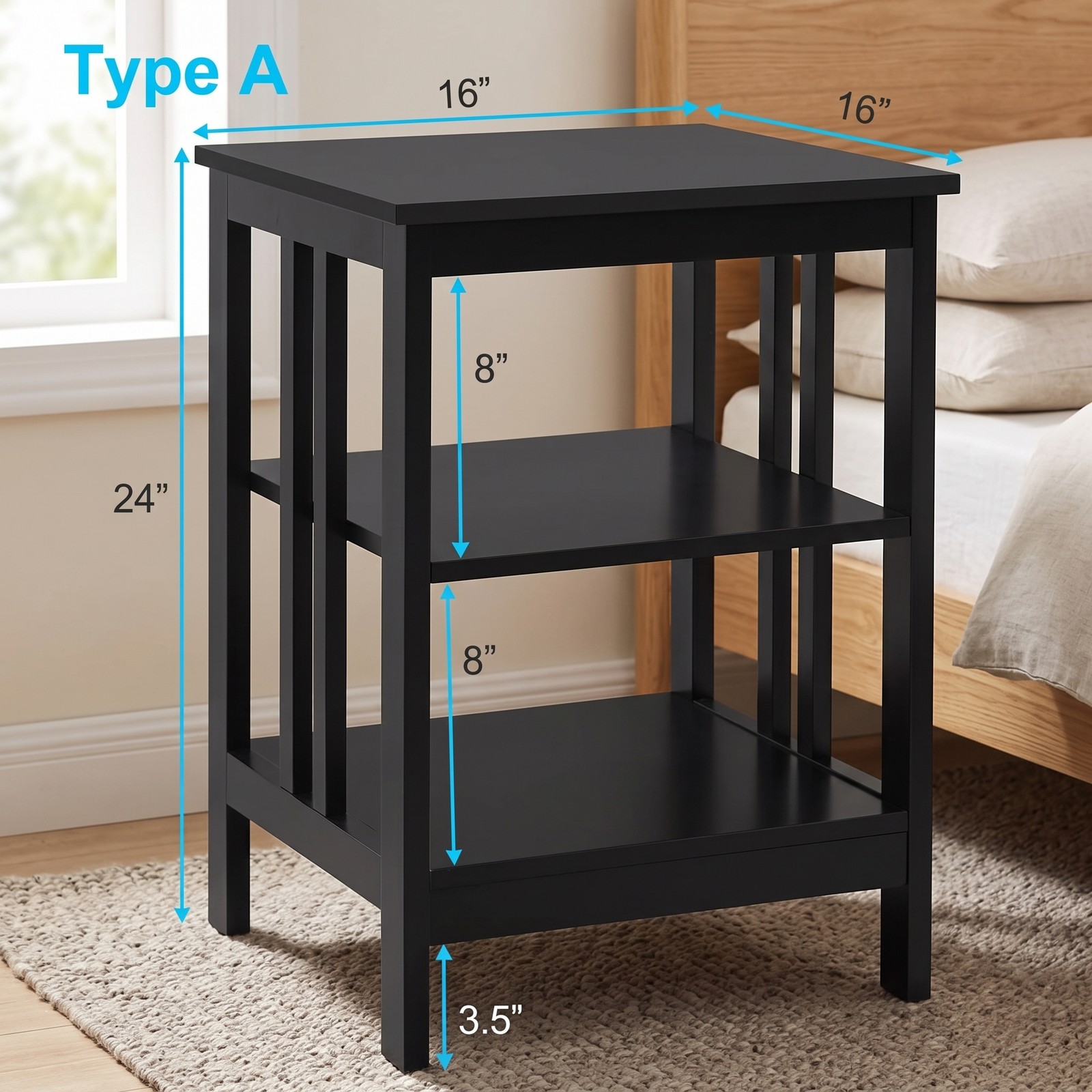 Furnibear 2 Pieces 3-Tier Nightstand, MDF Bedside End Side Table with Reinforced Bars, Open Shelf Storage Night Stand for Bedroom Living Room Entryway, Black
