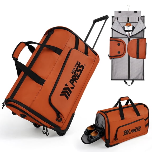 New York Xpress Convertible Rolling Garment Bag for Travel, with Wheels & Shoe Pouch, for Weekend & Business, Orange, RG161