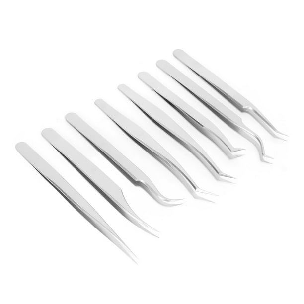 Pinzas Para Pestañas, 8 Piezas Pinzas Para Pestañas Punta Fina De Acero Inoxidable Diseño Ergonómico Moldura De Una Pieza Juego De Pinzas Para Extensiones De Pestañas Plateadas
