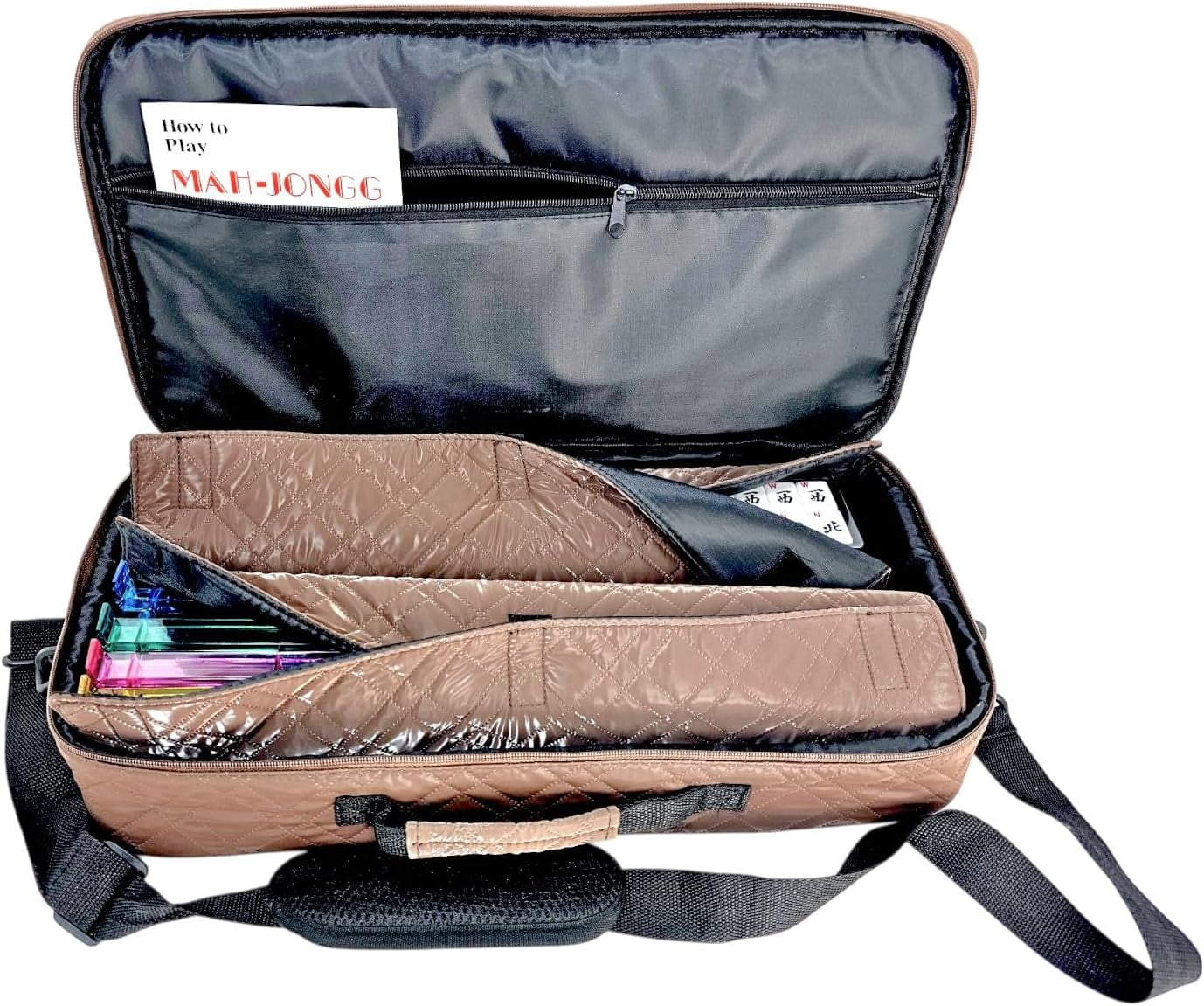 American Mahjong Set “Coffee - Quilted PU Leather Carrying Bag with Shoulder Strap & Handles, All-in-One Tile Racks with Pushers, 166 Engraved Tiles, Dice, Bettor, Extra Tiles & Instructions