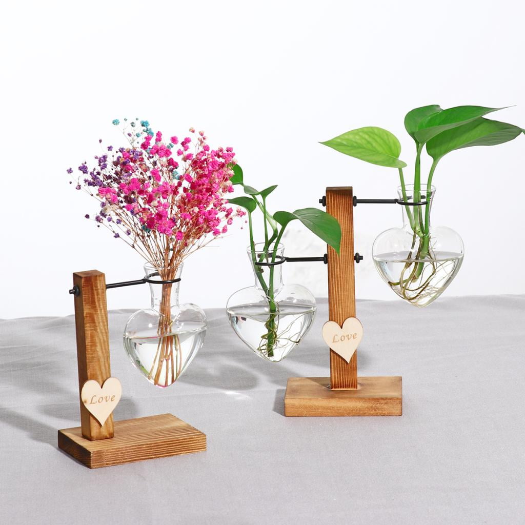 FLAMEER 2pcs Test Tube Flower Bud Glass Vase with Decorative Container Wooden Base