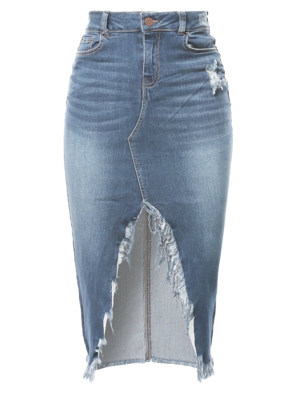 Women's Slim Fit Rayon Knee Length Back Slit Denim Jean Pencil Skirt Dark Navy 2XL