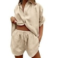 thumbnail image 1 of Conjunto de chándal de 2 piezas para mujer: blusa holgada con botones y pantalones cortos elásticos de cintura alta - Poliéster, color liso, ropa informal/de estar por casa, conjuntos de verano, 1 of 4