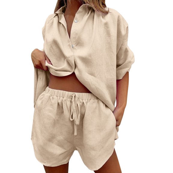 Likimi 2 Piece Sets For Women Shorts Sleeve Lapel Button Down Solid Color Top With Shorts Summer Lightweight Breathable Outfit Set Beige Size M