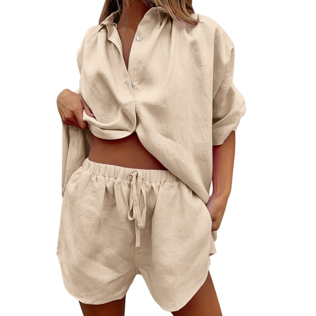 Conjunto de chándal de 2 piezas para mujer: blusa holgada con botones y pantalones cortos elásticos de cintura alta - Poliéster, color liso, ropa informal/de estar por casa, conjuntos de verano