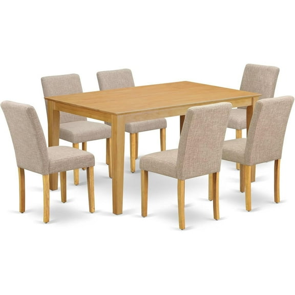 HomeStock 7 Piece Modern Dining Table Set Consist of A Rectangle Wooden Table and 6 Light Tan Linen Fabric Upholstered Chairs, 36X60 Inch, Oak
