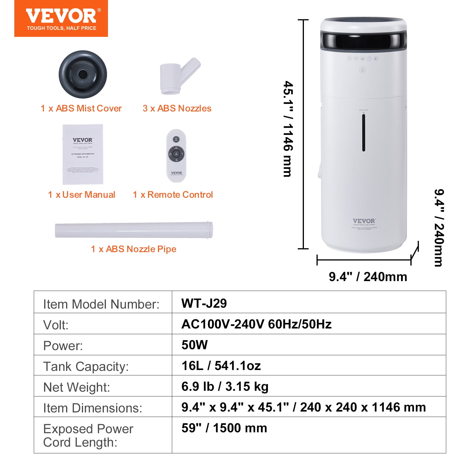 VEVOR Humidifier for Home Large Room, Commercial Humidifier for Whole House 1291.7 sq ft, 16L Water Tank & Night Light & 12h Timer & Auto Shut-Off , Greenhouse, Commercial Branch Tube w/ 360° Nozzle