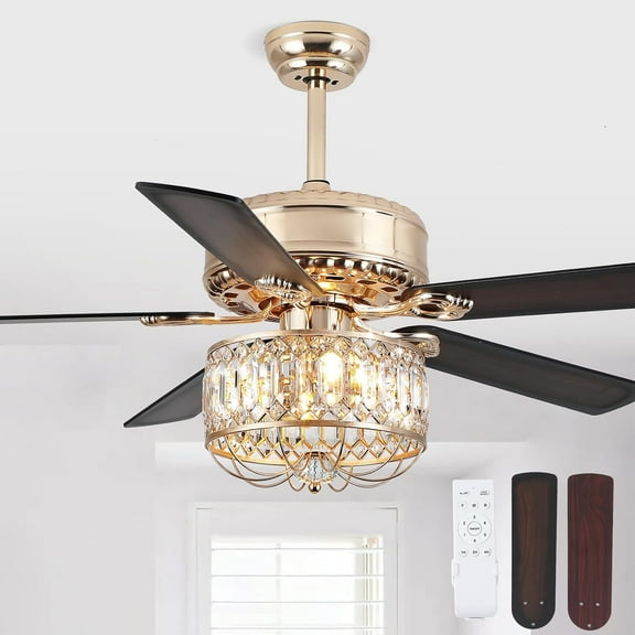 PHORUS 52" Crystal Ceiling Fan with Lights and Remote Control,Indoor Farmhouse Ceiling Fan, Wood Blades,Quiet Chandelier Fan for Living Room, Dining Room, Bedroom,Gold