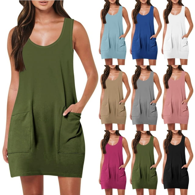 Meichang Robes d'Été pour Femmes avec Poches Sans Manches Robes Mini Décontractées Unies Coupe Ample Encolure Dégagée Robes de Plage Vacances Robe Courte à Bretelles